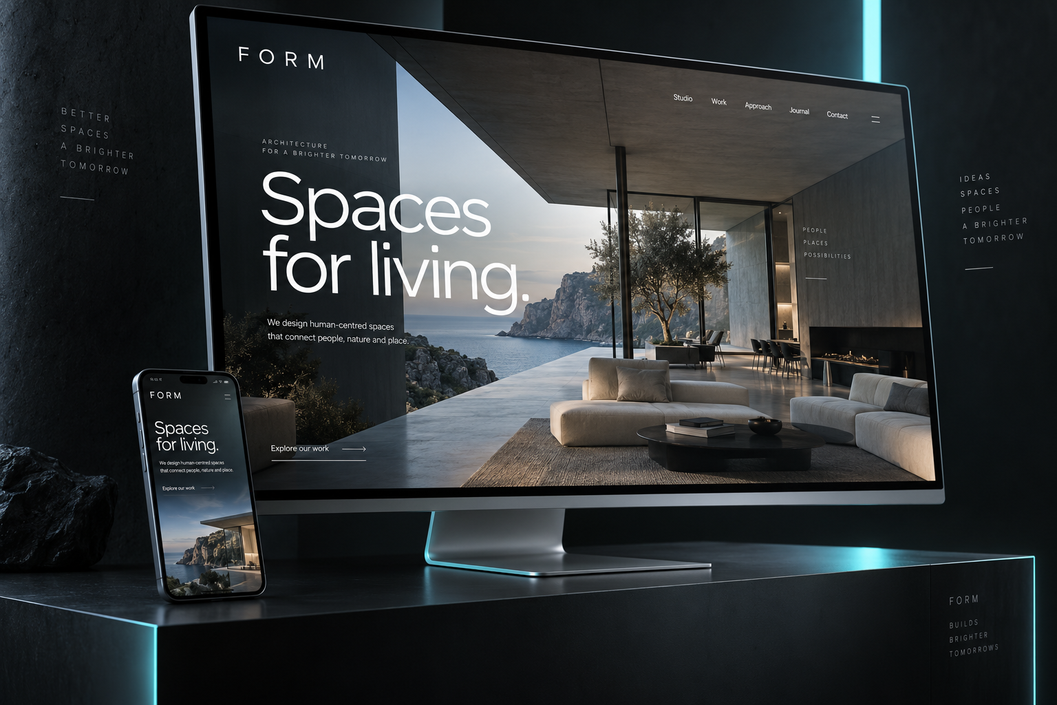 Concept website for fictional architecture studio FORM, displayed on a desktop monitor and phone